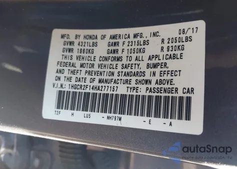 2017 Honda Accord Sport Se z USA, uszkodzony, nr VIN 1HGCR2F14HA277157